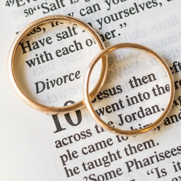 Duas alianças de casamento repousam sobre uma página da Bíblia, com a palavra "Divórcio" bem visível, levando à reflexão sobre o que a Bíblia diz sobre o casamento após o divórcio.