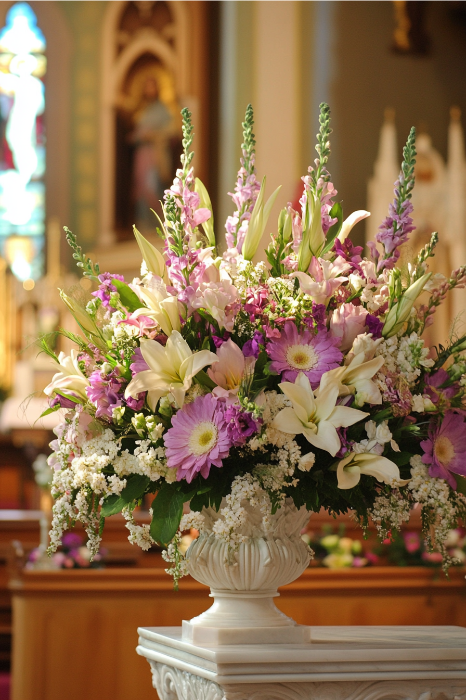 Un bello arreglo floral para altares de iglesias con un ramo de flores blancas y moradas elegantemente colocado en un jarrón decorativo.