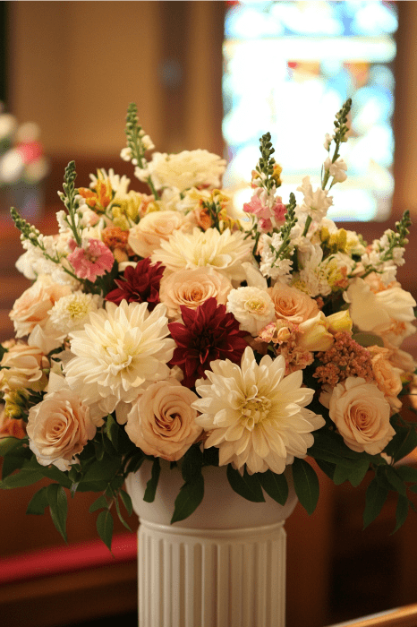 Un colorido ramo de flores mixtas en un jarrón blanco adorna el altar, enmarcado por una impresionante vidriera. Perfecto para quienes buscan ideas de arreglos florales para altares de iglesias.