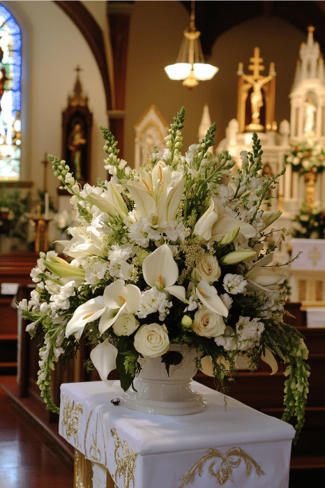 Descubra inspiradoras ideas de arreglos florales para altares de iglesias con este elegante despliegue de lirios blancos y rosas, perfectamente adecuado para realzar cualquier entorno sagrado.