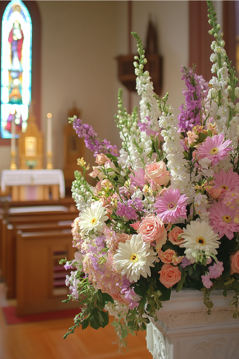 Un vibrante arreglo floral para el altar de una iglesia, con flores rosas, blancas y lavanda bellamente enmarcadas por la vidriera de detrƔs, que ofrece inspiradoras ideas de arreglos florales para espacios sagrados.