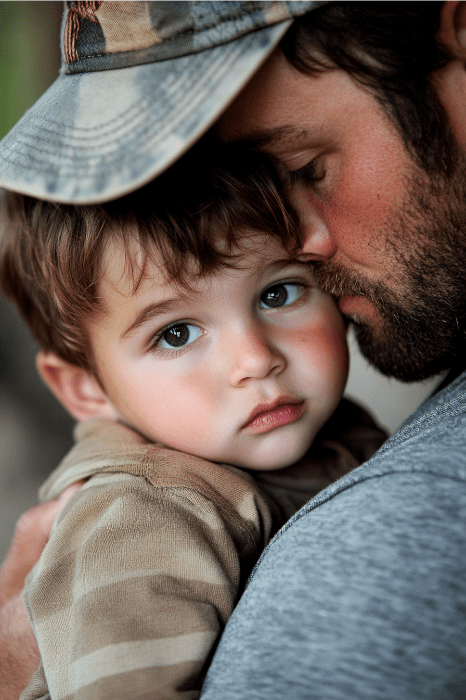 Un hombre abraza a un niño, sus mejillas se tocan, lo que recuerda el vínculo sincero que se ve en las enseñanzas de Elí a sus hijos en la Biblia.