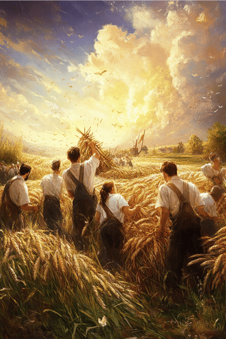 Pessoas de macacão colhem trigo sob um céu dramático com nuvens douradas e pássaros voando acima, uma cena que lembra as escrituras sobre a unidade na igreja, onde a harmonia e o propósito prosperam juntos sob o olhar atento do céu.