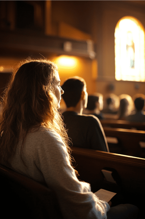 As pessoas sentadas em uma igreja pouco iluminada, com a luz do sol passando por um vitral, ponderam sobre os tópicos da igreja para discussão enquanto a atmosfera serena convida à reflexão.