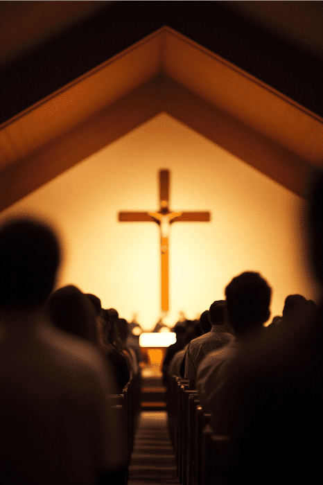 Congregação em silhueta envolvida em tópicos da igreja para discussão, de frente para uma grande cruz iluminada na frente de uma igreja.