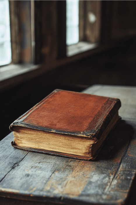 A weathered book titled "Devotions for Church Leaders" with a brown leather cover sits quietly on a wooden table near a sunlit window.