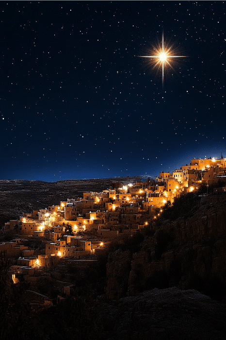 Un pueblo en la ladera de una colina iluminado por cálidas luces bajo un cielo nocturno estrellado evoca la serenidad que se encuentra en los poemas cristianos de Navidad, con una estrella brillante que brilla en lo alto como un faro de esperanza.