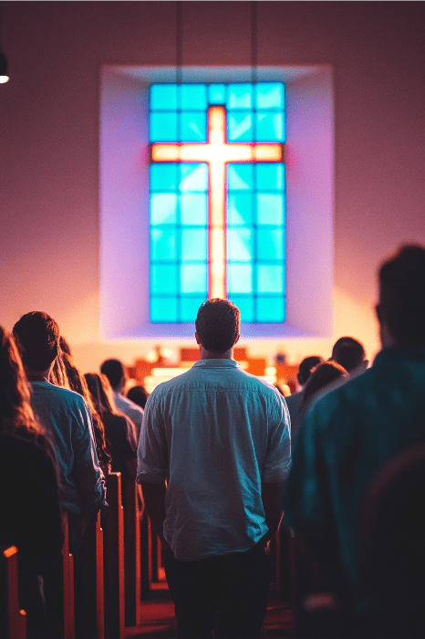 La gente se reúne en una iglesia, admirando una gran cruz de vidrieras iluminada, un poderoso símbolo que refleja la visión de las iglesias de todo el mundo.