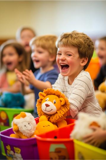 Crianças sorrindo e brincando com caixas coloridas cheias de bichinhos de pelúcia, inspiradas por ideias criativas de jogos para a Igreja das Crianças.