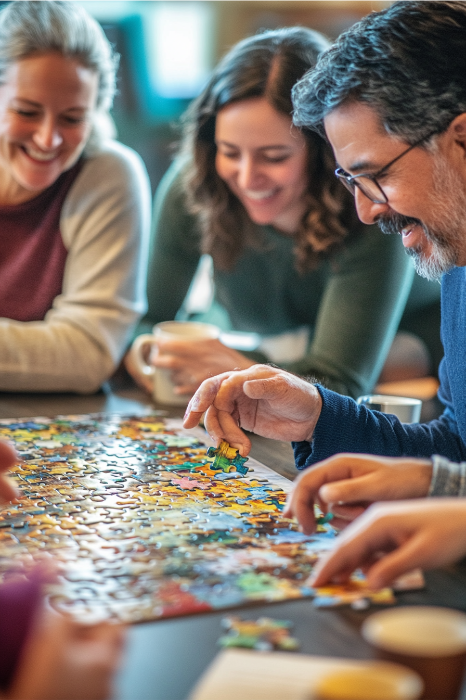 Un grupo de personas sonríe y monta un rompecabezas en una mesa, disfrutando de uno de los clásicos juegos de iglesia para adultos.