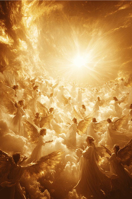 Figuras angelicales con alas y túnicas doradas rodean una luz celestial brillante, flotando entre nubes, evocando escenas de entrañables poemas navideños cristianos que se comparten a menudo en la iglesia.