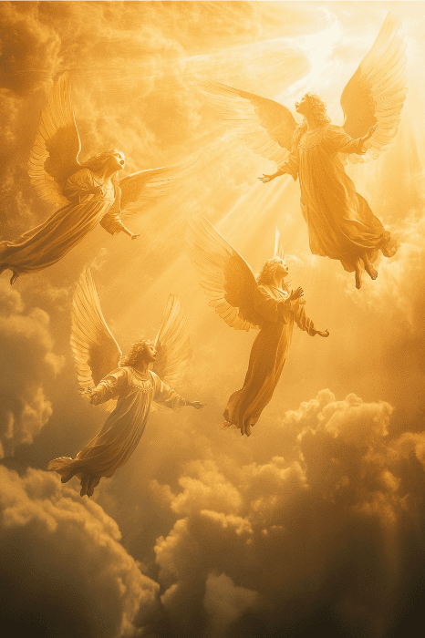 En un cielo dorado y lleno de nubes, cuatro ángeles con túnicas y alas flotan graciosamente, bañados en una luz radiante, muy parecida a las imágenes evocadas en los poemas navideños cristianos más apreciados por los fieles.