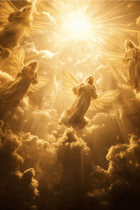 Una escena celestial se despliega con ángeles vestidos con túnicas y alas doradas, rodeados de nubes y de la brillante luz del sol, como una ilustración viva de los poemas navideños cristianos más apreciados en la iglesia.