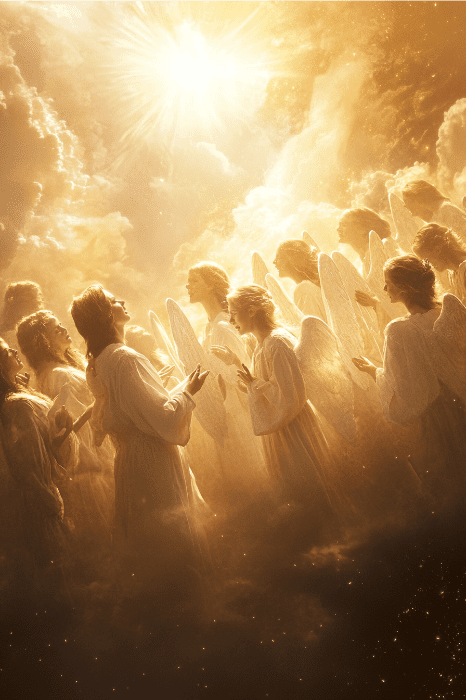 Ángeles bañados en luz dorada, mirando hacia arriba, hacia un sol brillante y resplandeciente rodeado de nubes: una imagen que recuerda los poemas navideños cristianos que se recitan a menudo en la iglesia.
