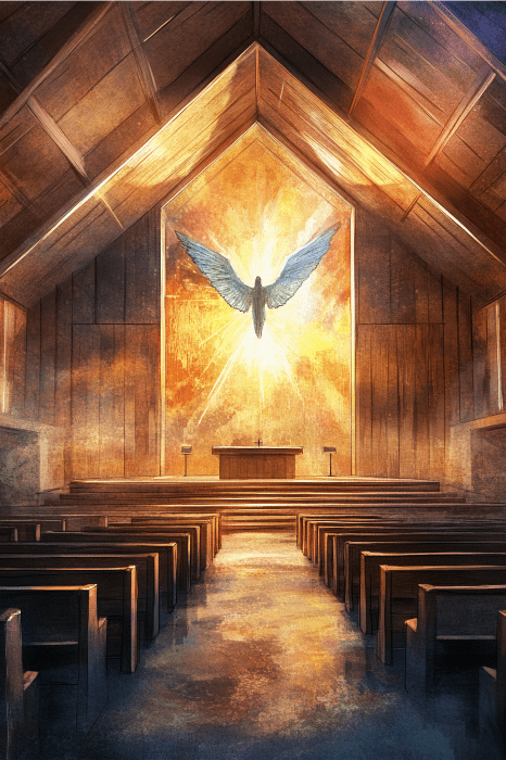 El interior de la iglesia, que encarna una declaración de visión de las iglesias, presenta bancos de madera y un ángel resplandeciente con alas representado en una vibrante vidriera.