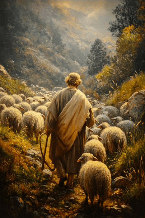 Un pastor camina con un rebaño de ovejas por un sendero rocoso en un paisaje sereno e iluminado por el sol, que recuerda las imágenes apacibles de los poemas para la iglesia.