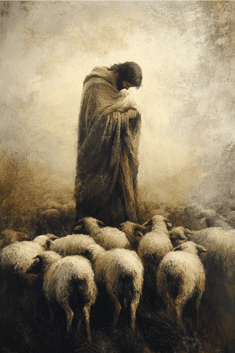 En un campo donde un pastor está de pie rodeado de ovejas, el fondo sereno y suavemente iluminado susurra como poemas para la iglesia, pintando un cuadro de devoción pacífica.
