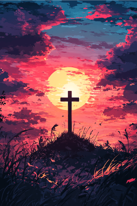 Silueta de una cruz sobre una colina con un cielo vibrante al atardecer, con nubes y hierba alta que se mece suavemente: un escenario perfecto para breves devociones y oraciones diarias.