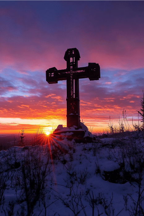 Cruz silueteada sobre una colina nevada contra un vibrante cielo al atardecer con nubes dispersas, que recuerda escenas de queridos poemas para la iglesia.