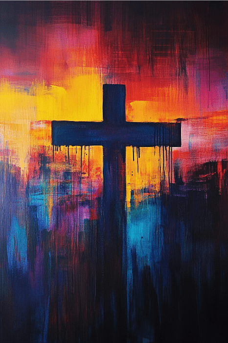 Pintura abstracta de una cruz oscura sobre un fondo vibrante y colorido, con tonos cálidos y fríos que se mezclan, evocando la relajante tranquilidad que se respira en las breves devociones diarias.