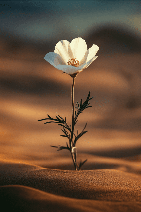 Una sola flor blanca floreciendo en la arena del desierto, como un suave susurro de poemas para la iglesia, sobre un fondo borroso.