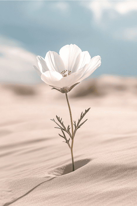 Una flor blanca florece en el desierto arenoso bajo un cielo nublado, como un susurro silencioso de los poemas de la naturaleza para la iglesia.