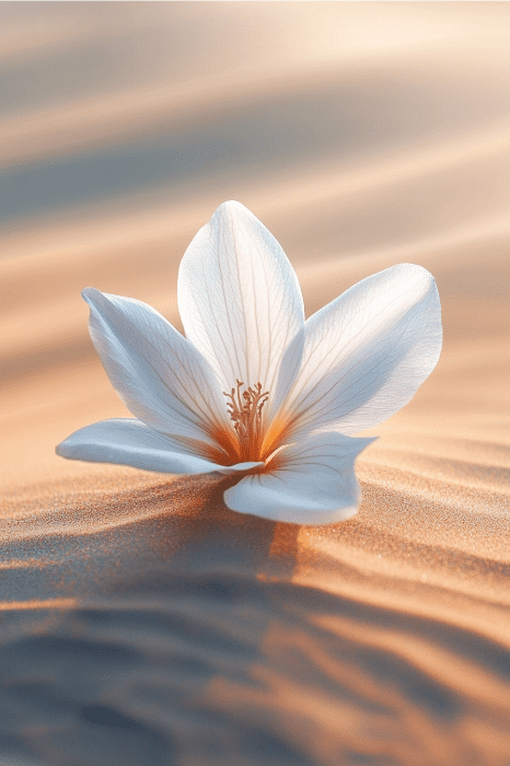 Una flor blanca sobre la arena lisa, como un verso de poemas para la iglesia, brilla con la suave luz dorada del sol, iluminando sus delicados pétalos sobre el fondo texturado.