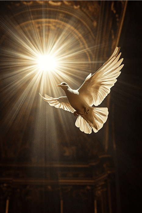 Una paloma blanca con las alas abiertas vuela hacia una luz radiante, una escena que recuerda los poemas para la iglesia, sobre un fondo oscuro y ornamentado.