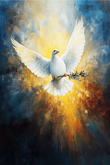 Una paloma blanca con una rama de olivo en el pico vuela graciosamente, evocando la serenidad de los poemas para la iglesia, sobre un vibrante fondo azul y amarillo.