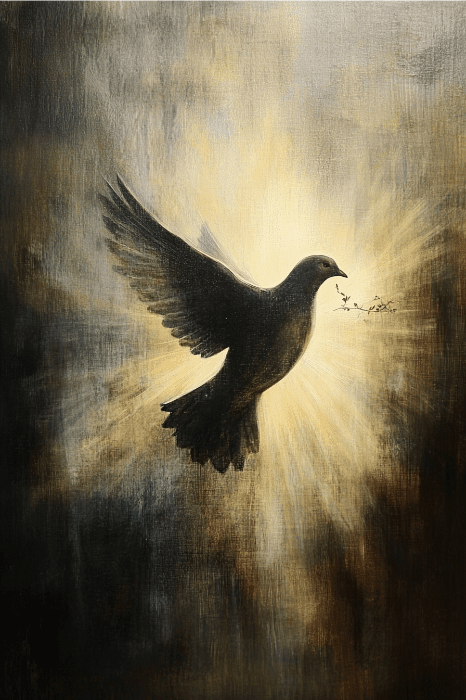 Silueta de un pájaro con las alas desplegadas sobre un fondo de luz resplandeciente, semejante a la paz que se encuentra en las breves devociones diarias, sosteniendo una pequeña rama.