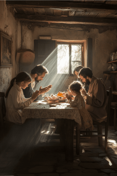 Una familia reza en una mesa de comedor rústica, la luz del sol entra por la ventana como versos de poemas queridos para la iglesia.