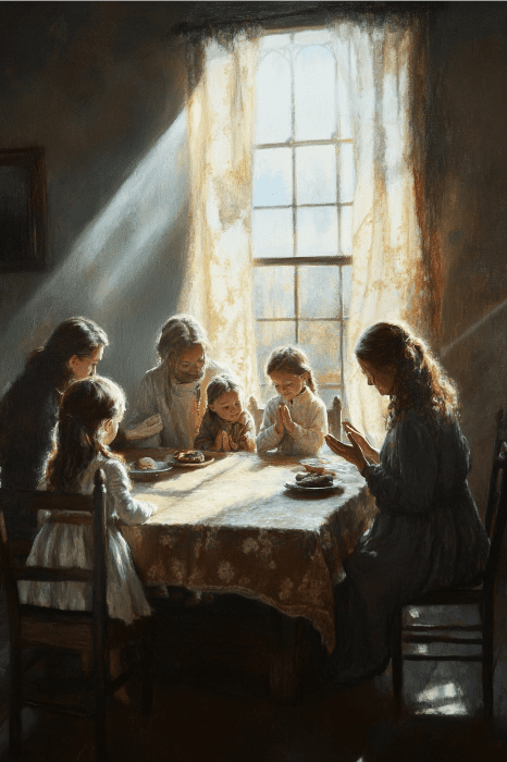Cinco personas se sientan alrededor de una mesa junto a una ventana iluminada por el sol, dedicadas a breves devociones y oraciones diarias, que parecen rezar o reflexionar.
