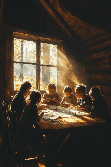 Los niños se sentaban alrededor de una mesa de madera en una cabaña iluminada por el sol, muy concentrados mientras escribían poemas para la iglesia o hacían dibujos de colores.