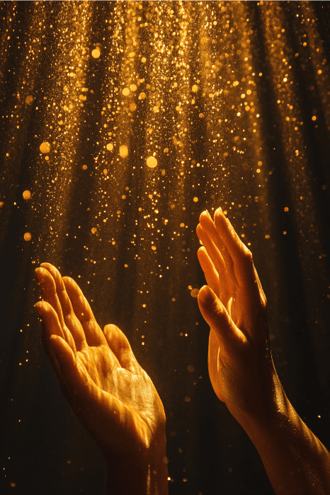 Manos que se extienden hacia haces de luz dorada, como una visión de poemas para la iglesia, con partículas flotantes bailando en el aire.