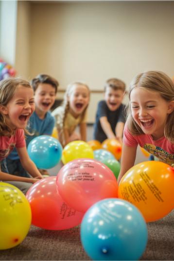 Crianças rindo e brincando com balões coloridos dentro de casa, inspiradas por ideias criativas de jogos para igrejas infantis.