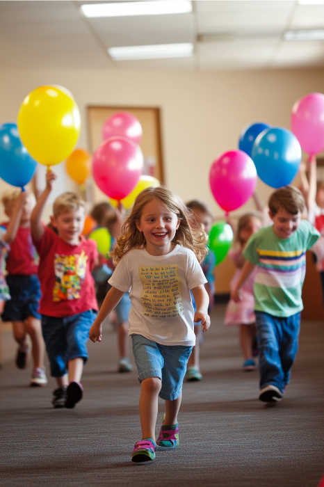 Crianças correndo alegremente dentro de casa com balões coloridos, sorrindo e brincando em uma sala iluminada, lembrando as animadas ideias de jogos para igrejas infantis.