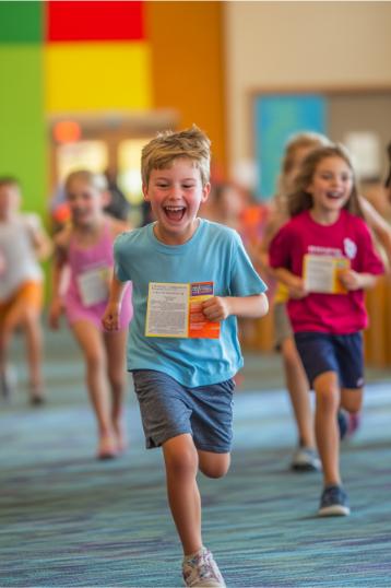 As crianças correm alegremente para dentro de casa, com sorrisos radiantes enquanto seguram folhetos cheios de ideias de jogos emocionantes para a igreja infantil, em paredes coloridas e vibrantes.