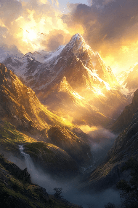 Una majestuosa montaña al amanecer con una luz dorada iluminando los picos y un valle brumoso debajo, como el poema de la naturaleza para la iglesia, ofreciendo un sereno comienzo del día.