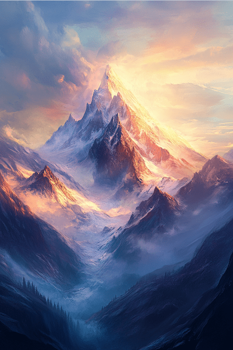 Un majestuoso pico nevado bañado por la luz dorada del sol bajo un cielo dramático, semejante a los versos de los poemas para la iglesia, captura el arte divino de la naturaleza.