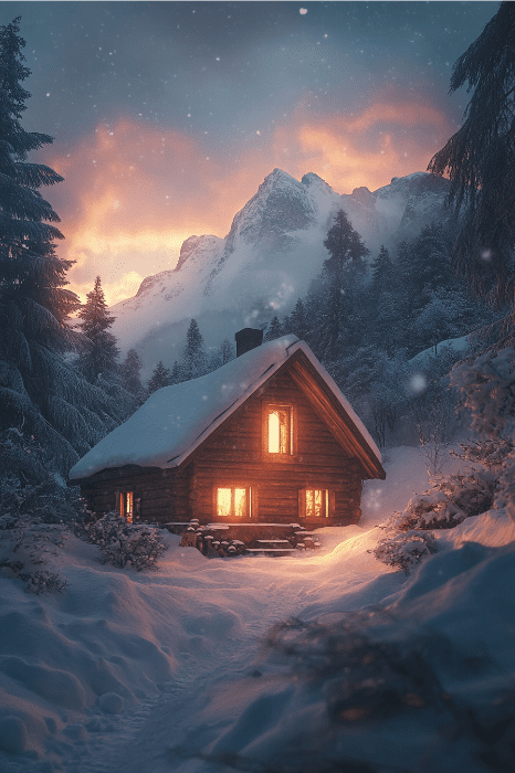 Acogedora cabaña de madera con ventanas resplandecientes en un bosque nevado, montañas al fondo al anochecer, que ofrece una escapada tranquila perfecta para abrazar oraciones tranquilizadoras que calmen la ansiedad y la depresión.
