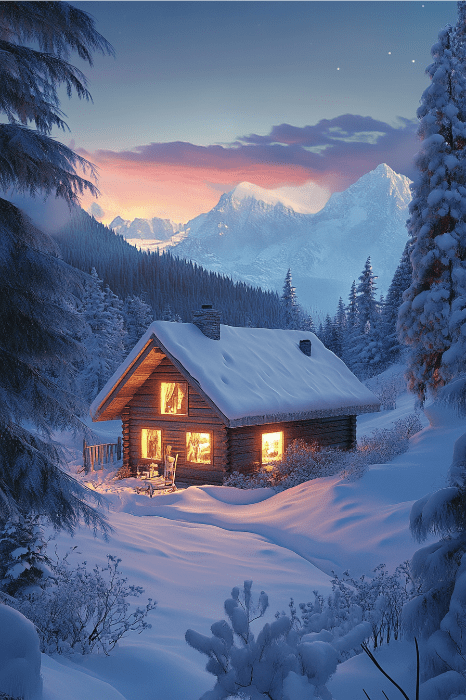 Cabana aconchegante com janelas brilhantes aninhada em uma floresta nevada, montanhas silhuetadas sob um céu crepuscular - perfeita para se reunir ao redor da fogueira, compartilhando poemas de Natal bem-humorados para a igreja, enquanto o riso ecoa pelo ar gelado.