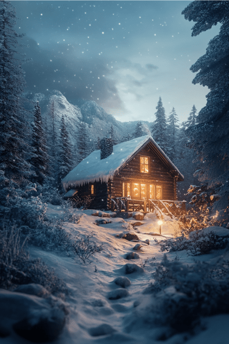 La cabaña cubierta de nieve en un bosque invernal desprende calidez, como un discurso de bienvenida a la iglesia en Navidad. Sus ventanas brillantes parecen invitarte a entrar, con la tranquila belleza de una montaña nevada como telón de fondo al atardecer.