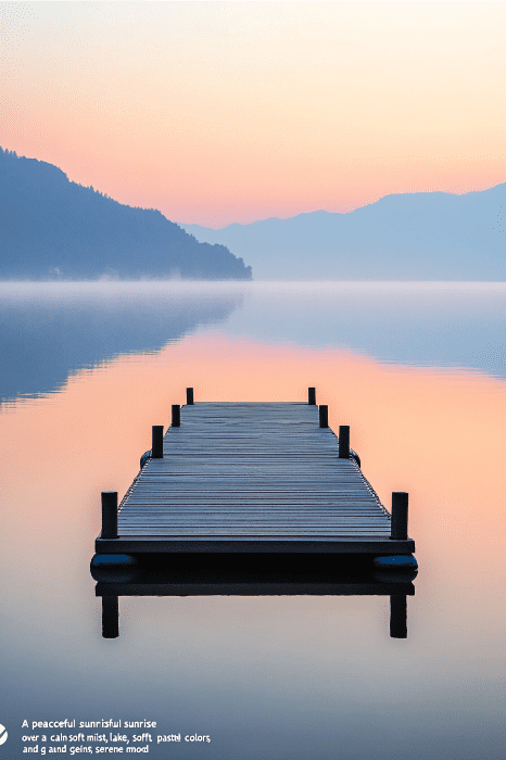 Un muelle de madera se extiende en un lago brumoso al amanecer, ofreciendo bendiciones para la serenidad de una iglesia con suaves colores pastel en el cielo y las colinas distantes.