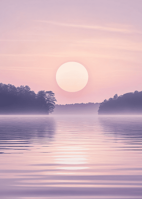 La puesta de sol sobre el tranquilo lago se asemejaba a las bendiciones para la iglesia, con las siluetas de los árboles erguidas reverentemente contra el cielo púrpura rosado, sus reflejos bendiciendo el agua de abajo.