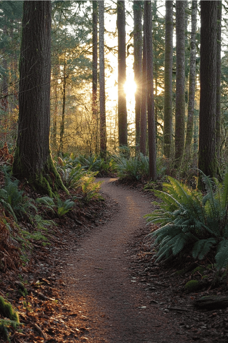 Un camino forestal iluminado por el sol, rodeado de altos árboles y helechos, con la luz del sol colándose entre las ramas, es como caminar por los poemas de la propia naturaleza para la iglesia.