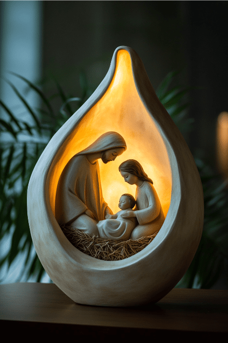 Escultura brillante en forma de lágrima de un belén con María, José y el niño Jesús, que evoca la belleza de los poemas navideños cristianos para la iglesia.