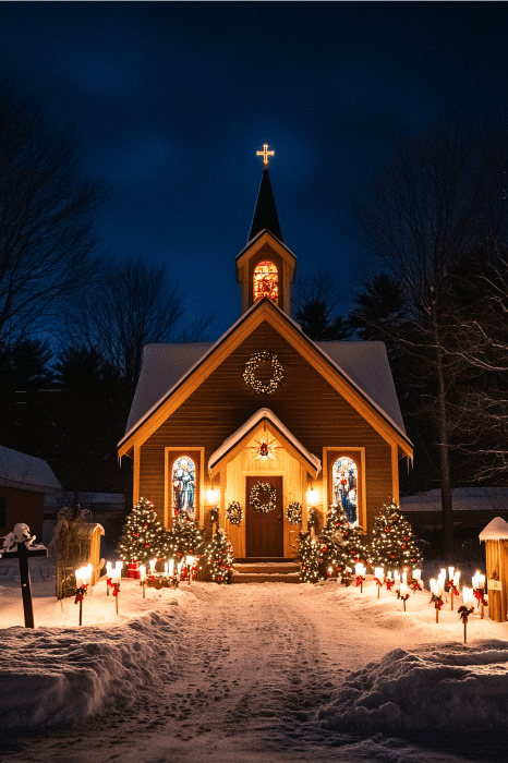 Una iglesia nevada por la noche, cálidamente iluminada con luces y adornos navideños, evoca la serena belleza de los poemas cristianos de Navidad. Rodeada de árboles y un camino cubierto de nieve, ofrece un pintoresco santuario para la reflexión y la celebración.