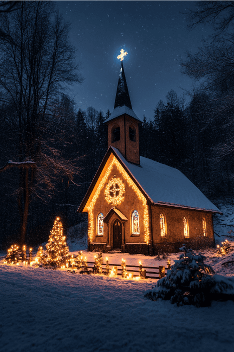 Por la noche, la iglesia cubierta de nieve, iluminada con cálidas luces, ofrece bendiciones para todos. Una estrella corona el campanario, rodeado de árboles y un festivo árbol de Navidad, creando una escena serena y acogedora.