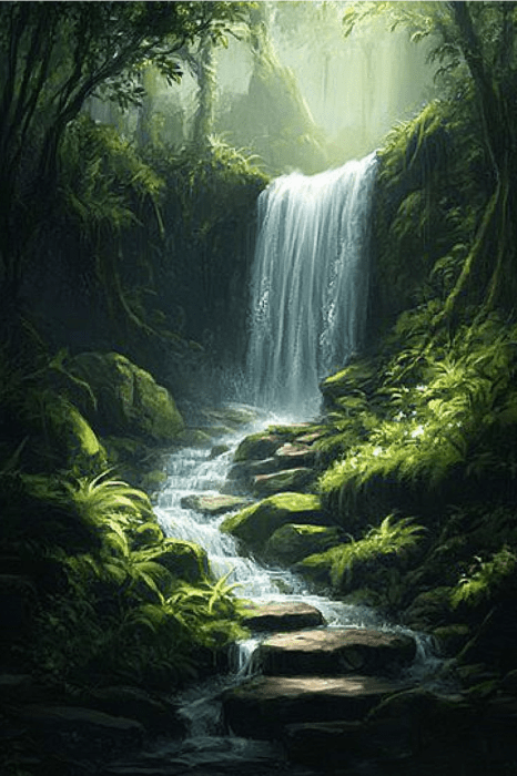 Una serena cascada cae en un frondoso bosque, rodeada de verde follaje e iluminada por la suave luz del sol, ofreciendo un tranquilo santuario para las oraciones contra la ansiedad y la depresión.