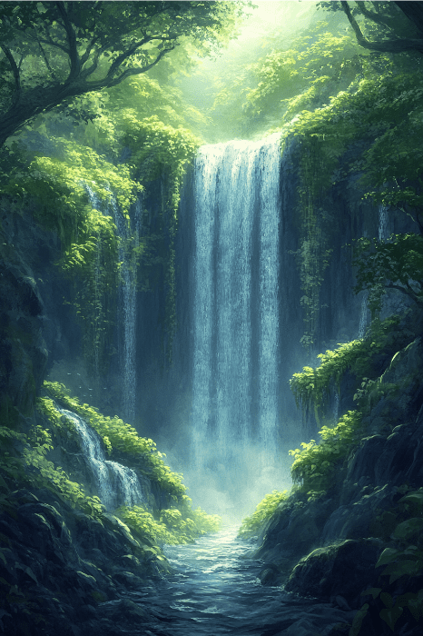 Una serena cascada cae entre exuberantes y verdes acantilados boscosos bajo una luz suave y resplandeciente, ofreciendo un refugio tranquilo parecido a las plegarias de la naturaleza para quienes buscan consuelo contra la ansiedad y la depresión.